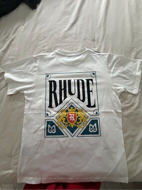 Rhude White Tee with Black Logo and Green & Gold Crest